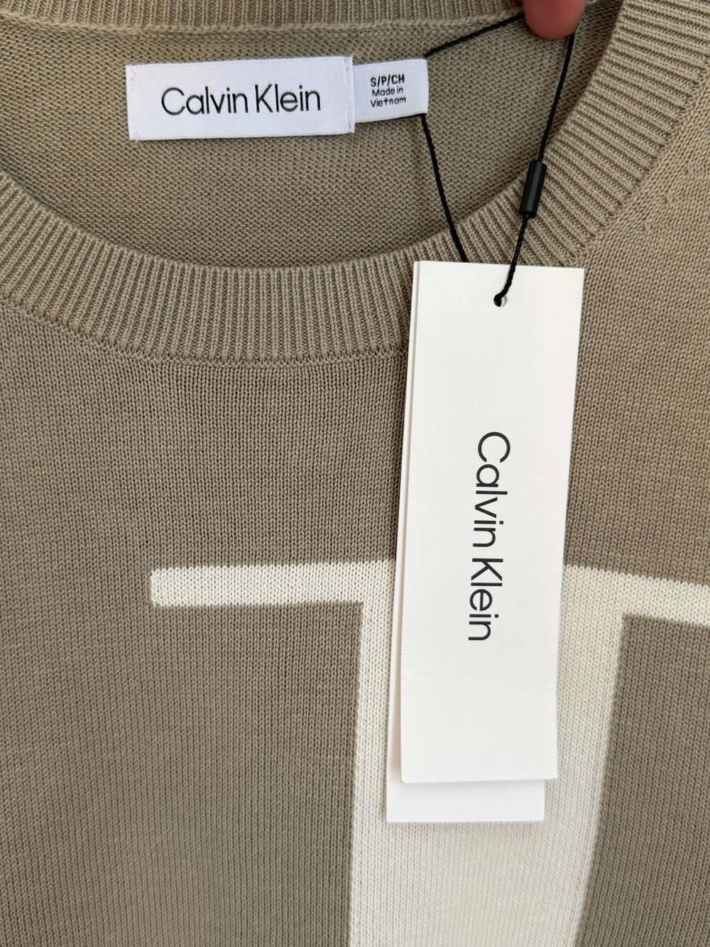 Calvin Klein Smooth Cotton Sweater with Large CK Logo Beige Small - Picture 2 of 4